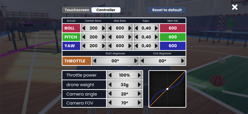 Detailed controller tuning menu in FeelFPV TinyWhoop showing flight rates and expo curves.