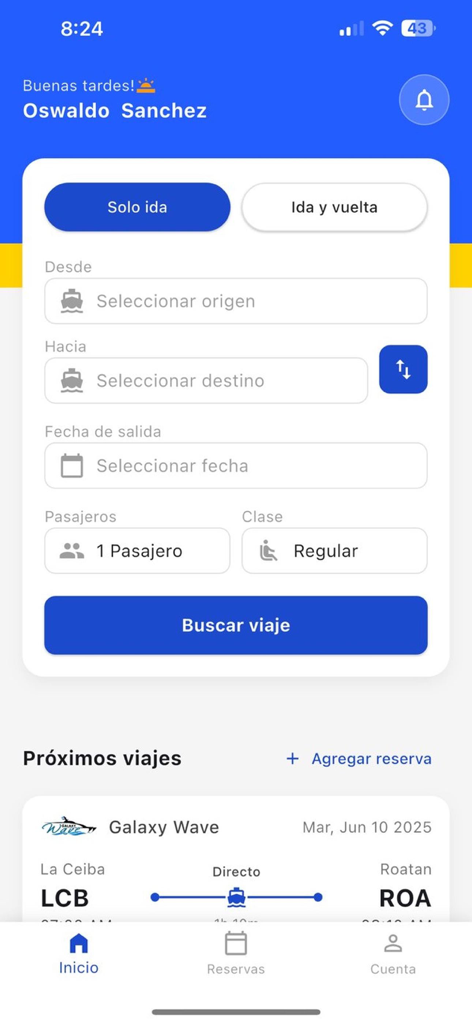 Galaxy Wave ferry app home screen showing search options and travel itinerary