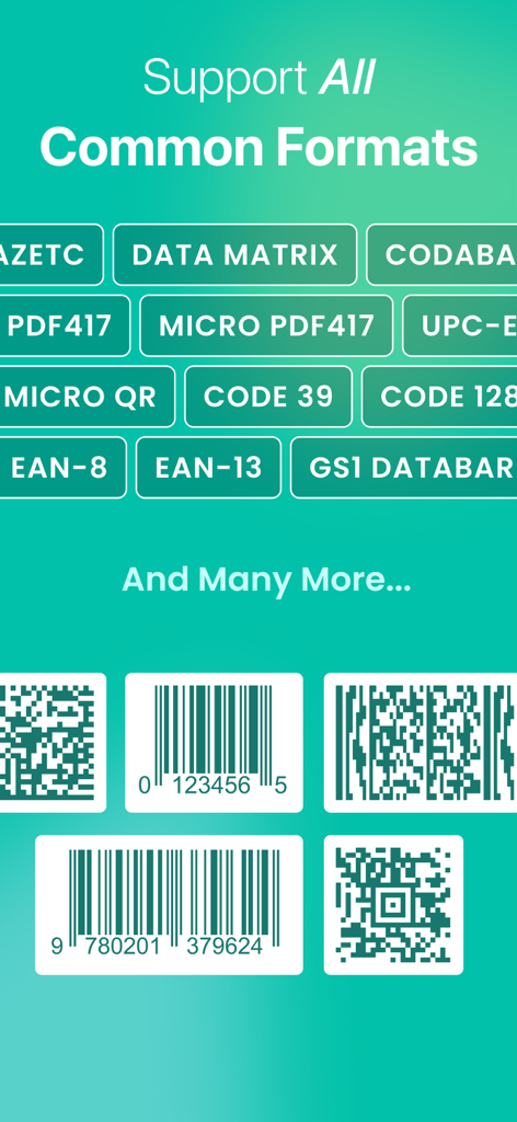 QR Code · Barcode Reader&Maker - A list of supported QR and barcode formats including EAN-13, UPC-E, and Code 128 displayed on a green background