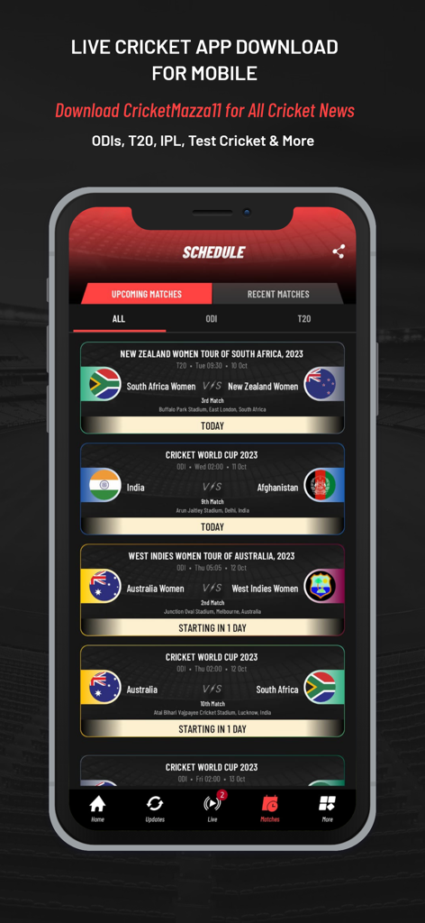 Smartphone screen displaying the Cricket Mazza 11 app with a schedule of upcoming international cricket matches