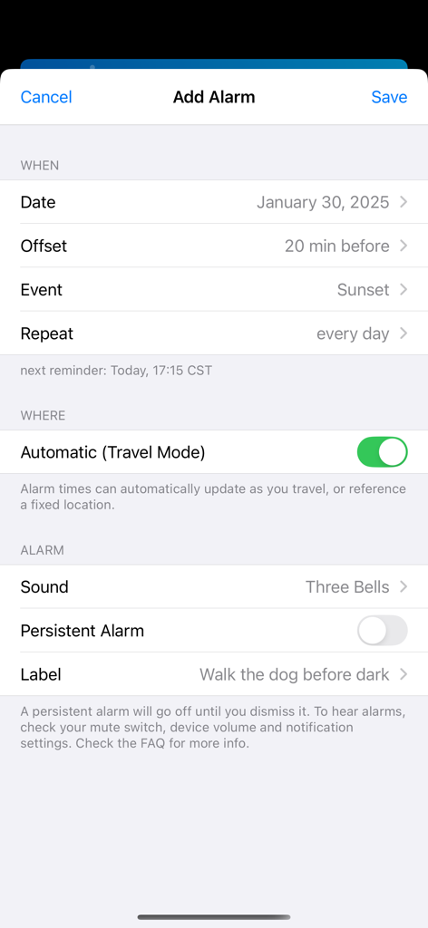 Sol: Sun Clock - Interfaz de Sol Sun Clock que muestra la configuración de una alarma de atardecer etiquetada pasear al perro antes de que oscurezca