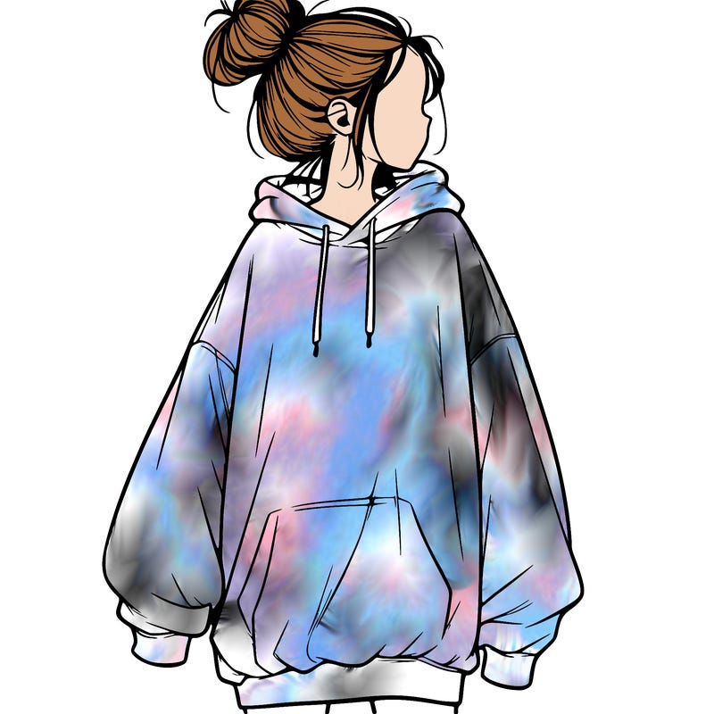 realistic girl with a oversized sweatshirt on and a bun