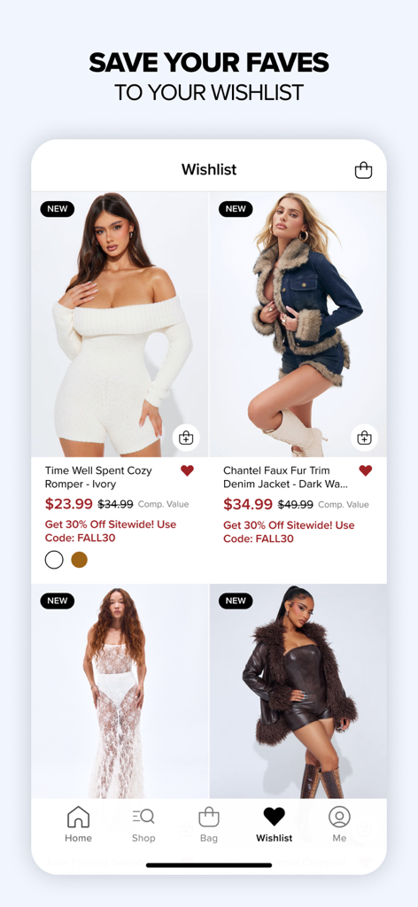 La pantalla de lista de deseos de la app Fashion Nova que presenta ropa de moda y artículos guardados.