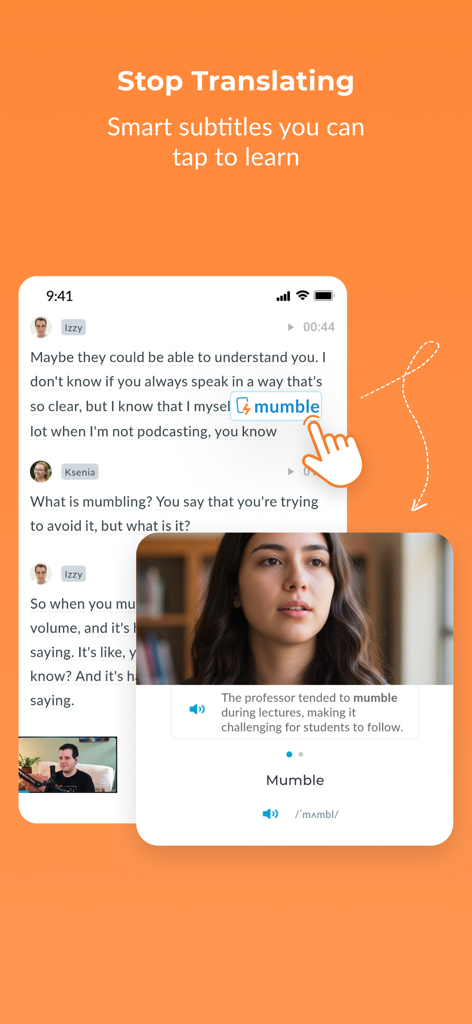 RealLife: Speak, Learn English - Interface montrant des sous-titres intelligents dans l'application RealLife où le toucher d'un mot révèle sa signification et sa prononciation