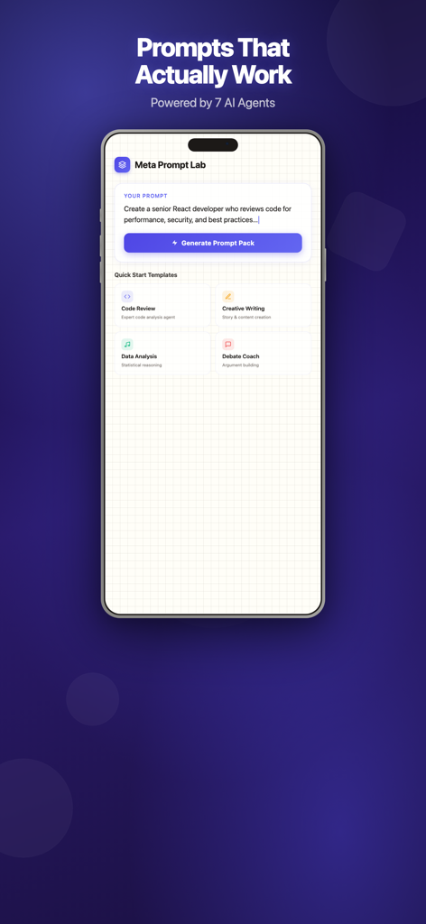 Meta Prompt Lab app home screen showing the prompt generation interface and quick start templates on a math-paper aesthetic design.