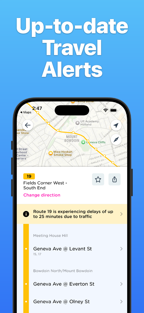 Boston Transit: MBTA Tracker - Boston Transit app interface showing real-time MBTA travel alerts and bus route delays on a map.