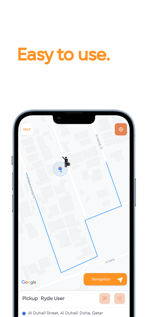 RYDE Driver - Qatar - RYDE Driver app map interface showing a passenger pickup location and navigation button in Doha