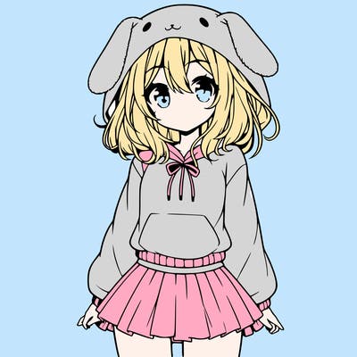 pretty anime girl wearing a fluffy hoodie with bunny ears on the hood and a skirt