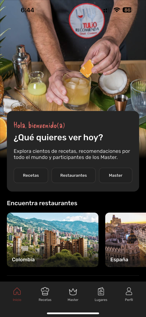 Tulio - Home screen of the Tulio app featuring options for recipes, restaurants, and Master gastronomic events.