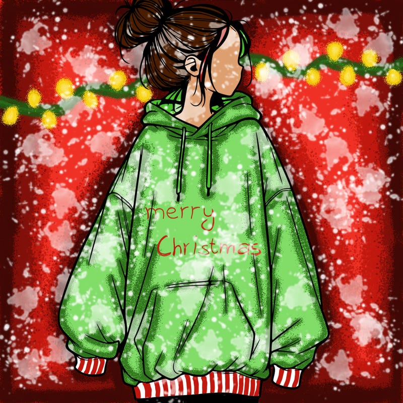 realistic girl with a oversized sweatshirt on and a bun