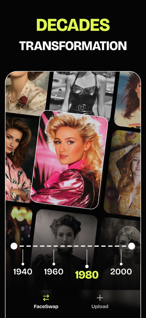 FaceSwap Studio: Video + Photo - FaceSwap Studio interface showing a decades transformation feature with a 1980s themed photo swap