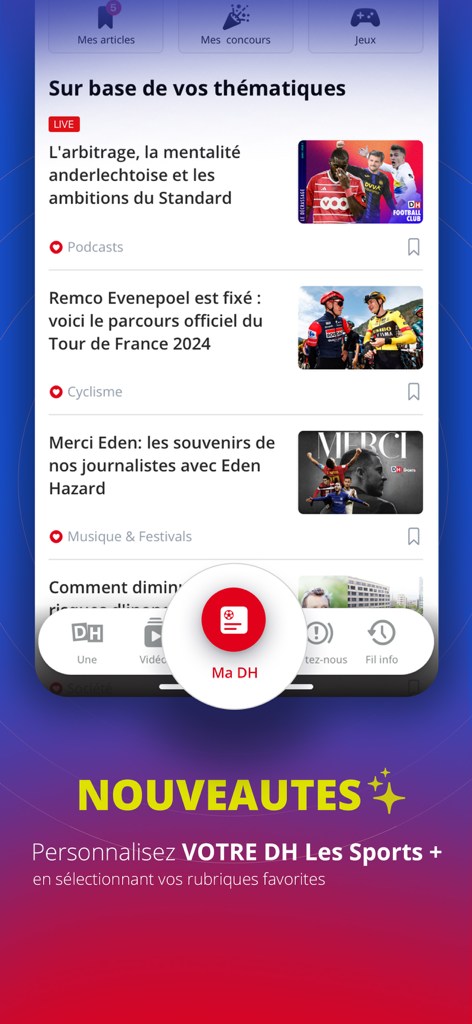 Personalisierter Newsfeed in der mobilen App DH Les Sports plus mit Sport- und allgemeinen Nachrichtenartikeln.