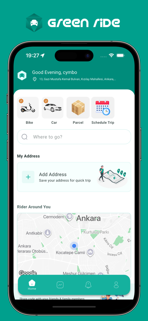 Green Ride – Taxi & Delivery - Écran d'accueil de l'application Green Ride montrant des options pour les services de livraison de vélos, voitures et colis avec une carte de la ville