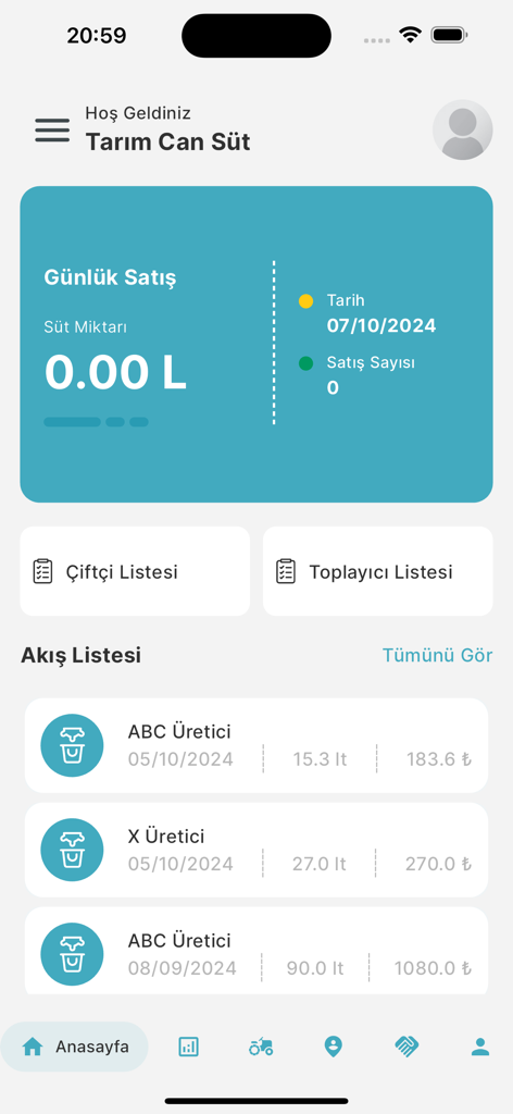 Dashboard der Sutcu Mobil App, das tägliche Milchverkäufe und Aktivitäten der Erzeuger anzeigt.