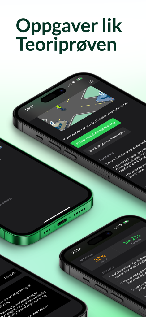 Screenshots of the Teoriappen mobile app displaying Norwegian driving theory practice questions and user statistics on iPhone screens