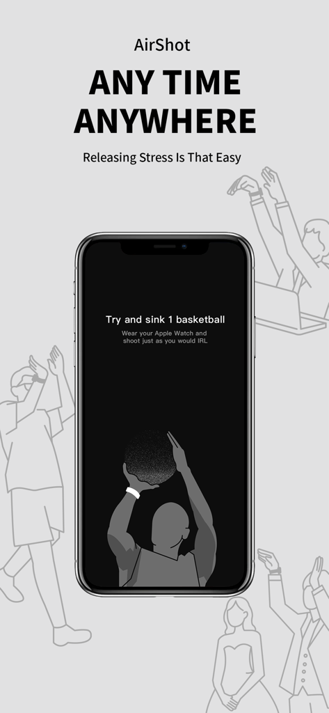 AirBasketball - AuditoryAR - Pantalla móvil mostrando la aplicación AirShot con personas realizando movimientos virtuales de tiro de baloncesto para aliviar el estrés