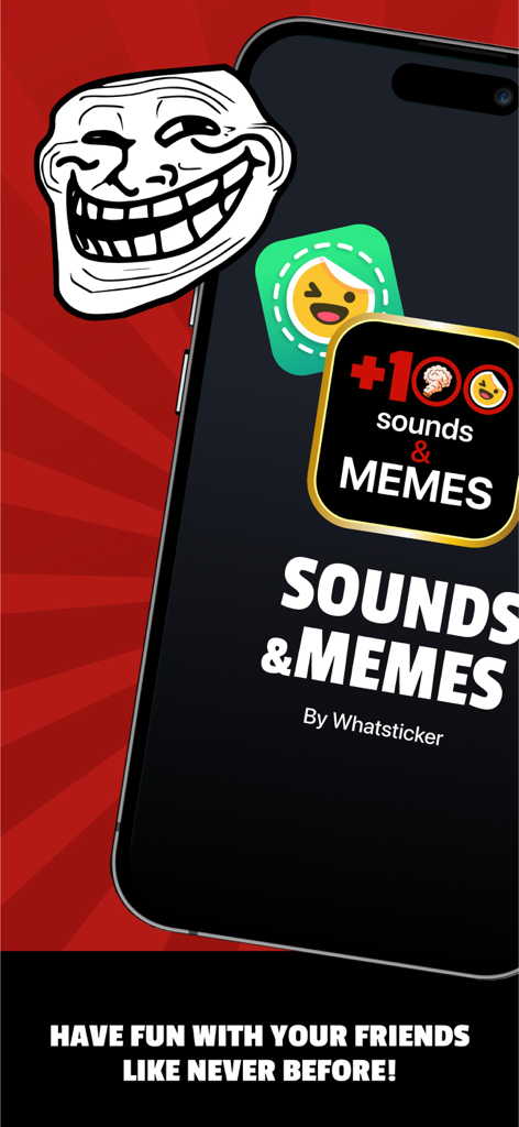 Sounds Effects by Whatsticker - Interface do aplicativo Efeitos Sonoros da Whatsticker apresentando um meme de cara de troll e categorias de som