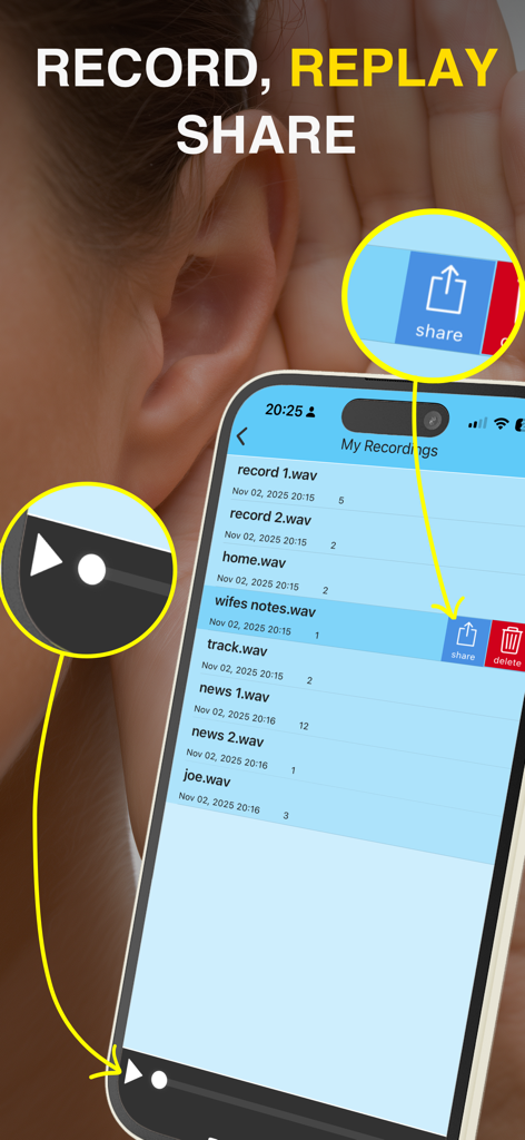 Uma tela de smartphone mostrando a lista Minhas Gravações no aplicativo de Aparelho Auditivo com botões de compartilhar e reproduzir destacados.