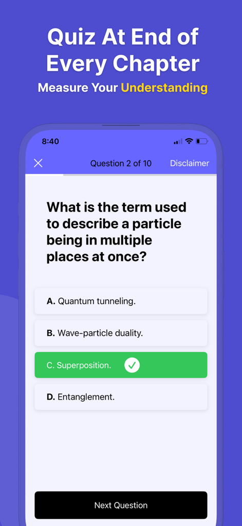 Daily Learning: Learn With AI - Mobile app screen showing a multiple choice quiz question about quantum physics with a selected correct answer