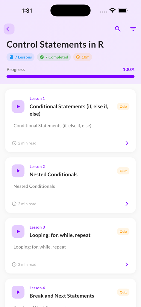 Learn R Programming: AI Tutor - Mobile app screen showing a list of completed R programming lessons for control statements and loops