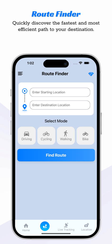 Live Earth Map Tracker app showing the Route Finder feature with transport mode options like driving cycling and walking