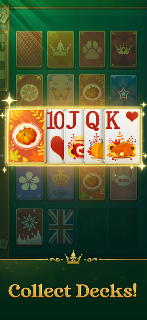 Various collectible card deck themes and large easy-to-read cards in Jenny Solitaire