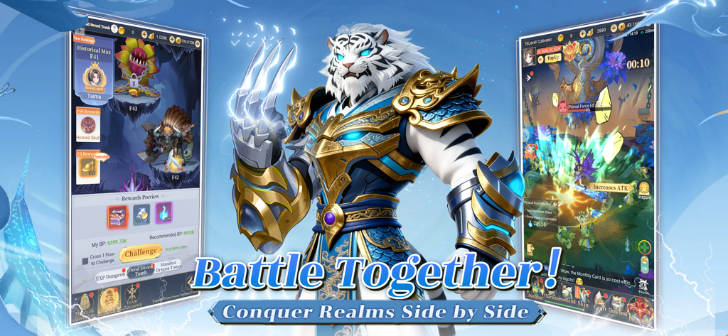 Beast's Creed - A white tiger warrior in gold armor between two mobile screens showing idle RPG gameplay and rewards