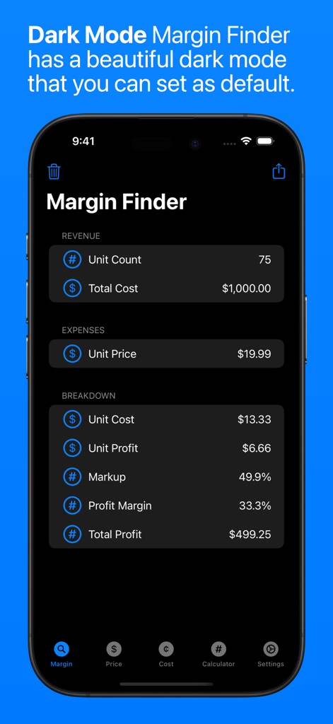 Margin Finder: Sale Calculator - Margin Finder App Dunkelmodus-Bildschirm, der Stückkosten- und Gewinnmargenberechnungen anzeigt