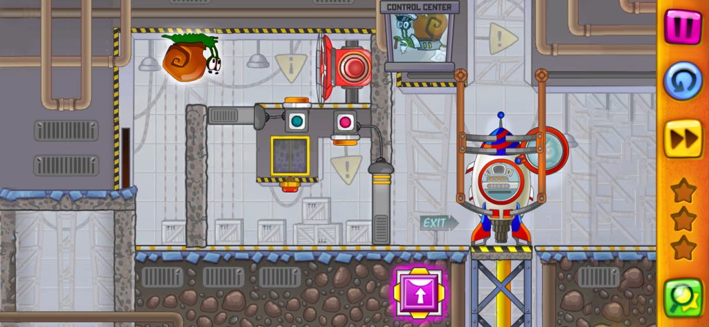 Snail Bob 1: Arcade Adventure - Snail Bob läuft an der Decke in einem wissenschaftlich thematisierten Physik-Rätsel-Level mit einer Rakete