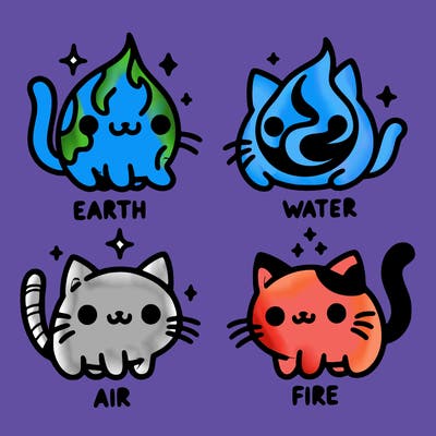 4 cats that represent the different elements, earth, water, air, and fire