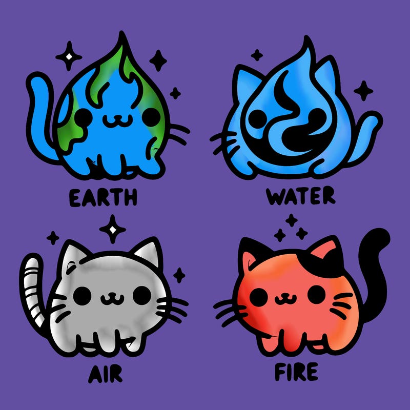 4 cats that represent the different elements, earth, water, air, and fire