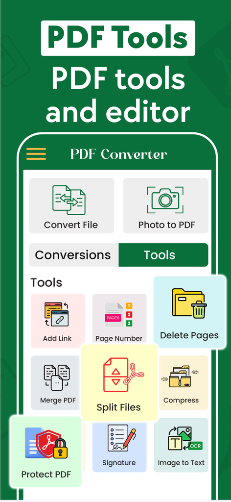 Interface do aplicativo móvel PDF Converter mostrando ferramentas para conversão de foto para PDF, mesclagem, divisão e assinatura digital