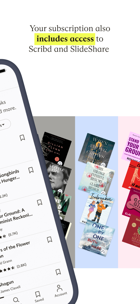 Everand App-Oberfläche, die den Abonnementzugriff auf Scribd und SlideShare mit verschiedenen Buchtiteln anzeigt.
