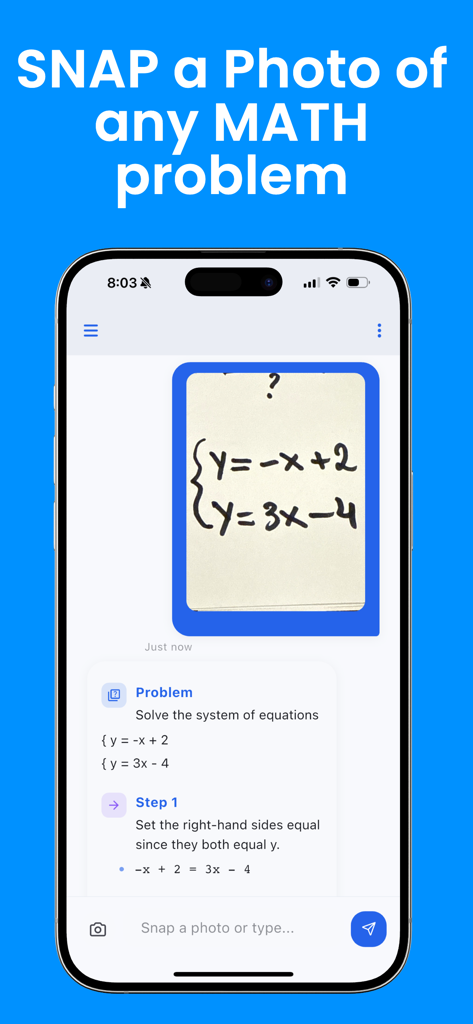 Math Picture Solver - Math Picture Solver app screen showing a camera scan of a math problem and its step-by-step solution.
