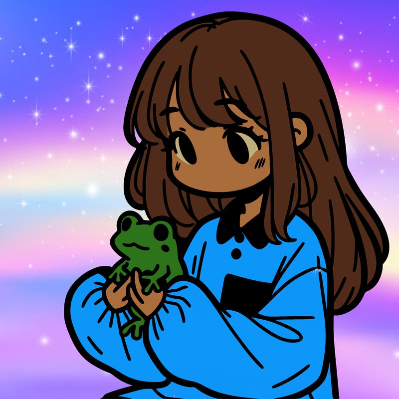 girl with long hair and a oversized shirt. and she is holding a frog