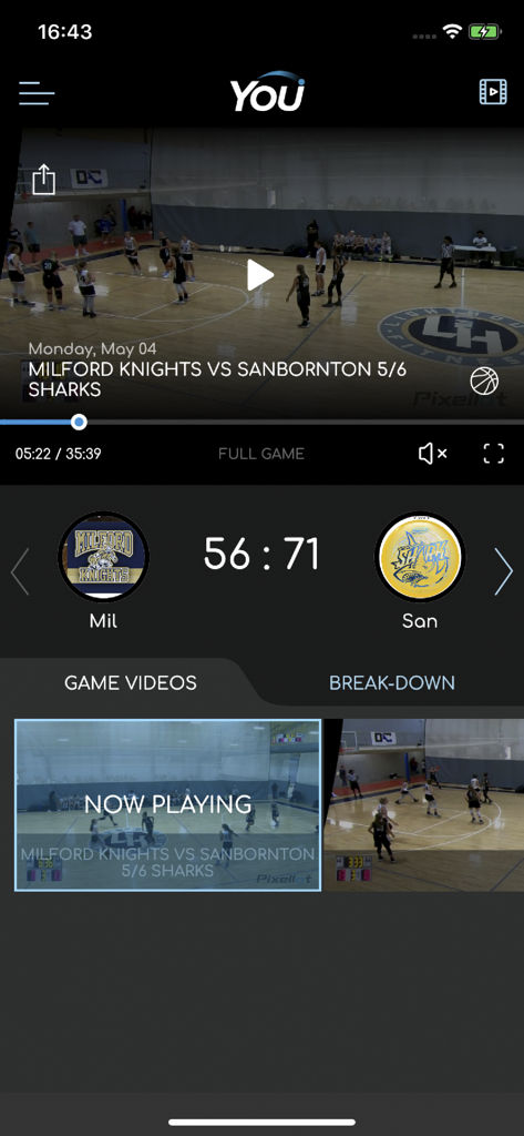 Basketball game video playback on Pixellot You app showing scoreboard and team logos