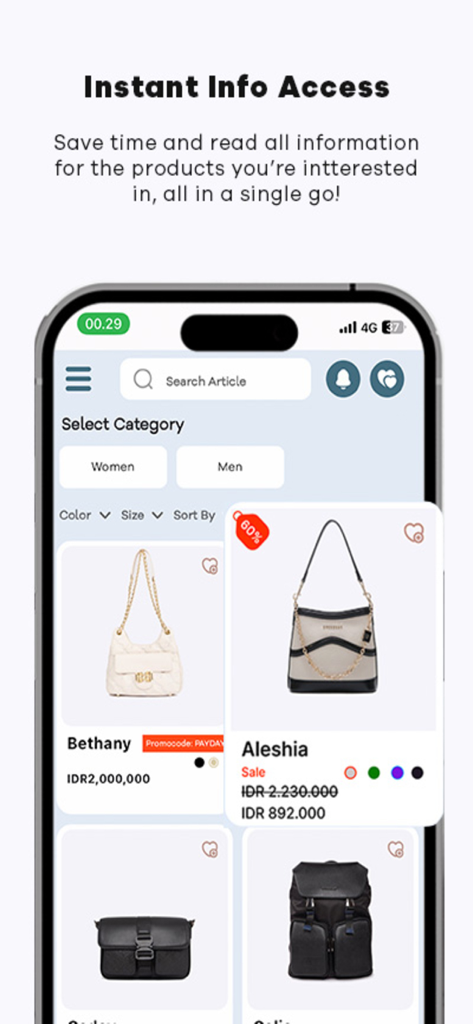 Everbest - Everbest mobile app interface showing a curated collection of designer handbags and backpacks with sale pricing