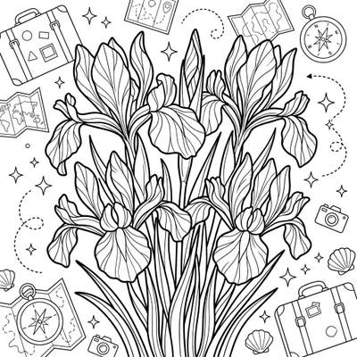 Embark on a creative escape with this beautiful Dutch Irises Vacation coloring page. Featuring elegant irises alongside travel essentials, it's a perfect blend of nature's beauty and adventure.