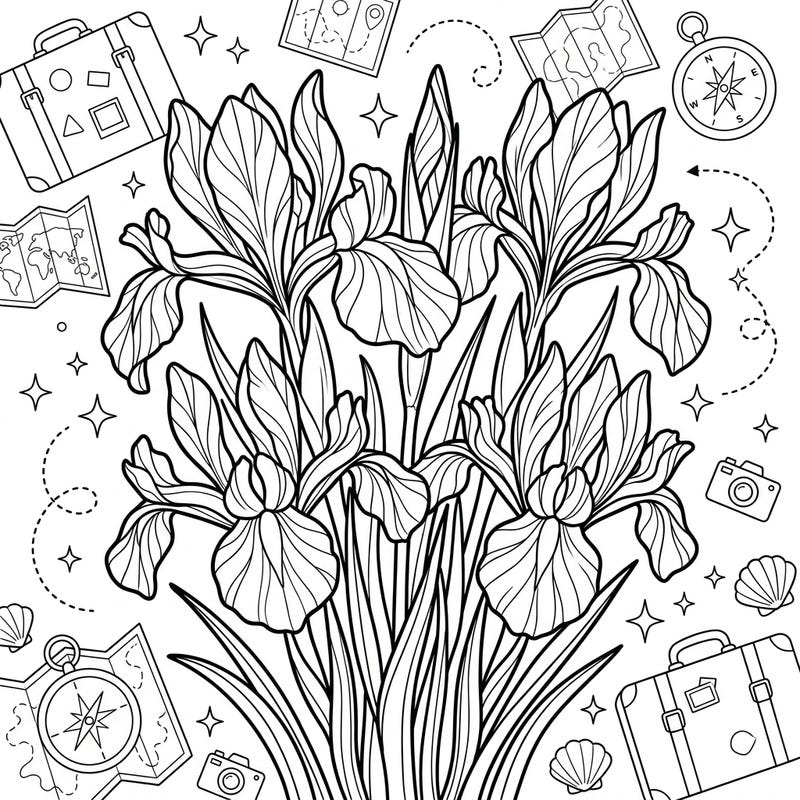 Embark on a creative escape with this beautiful Dutch Irises Vacation coloring page. Featuring elegant irises alongside travel essentials, it's a perfect blend of nature's beauty and adventure.