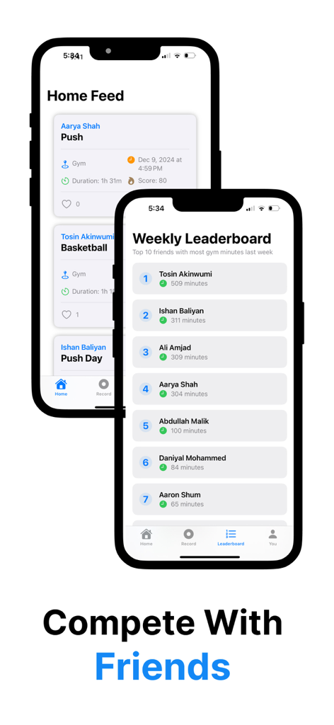 Spartan Gym Social Workout Log - Two mobile phone screens showing the Spartan Gym app home feed and weekly leaderboard for social workout tracking