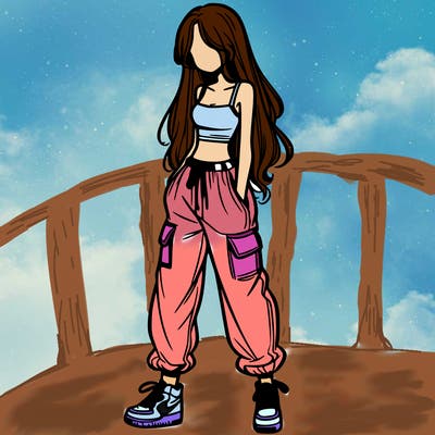 girl in baggy pants crop top and long hair