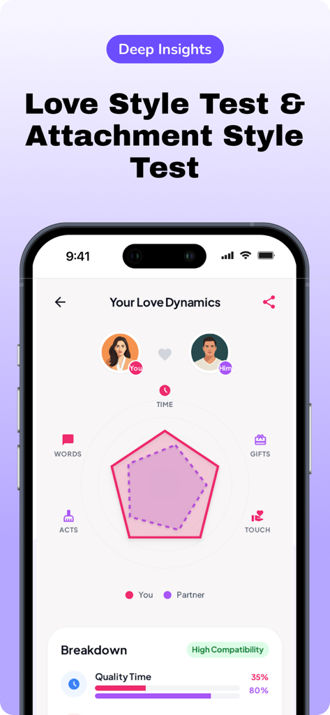PairQ - Love Cue & Couple Quiz - PairQ app screen showing love style test results and compatibility radar chart for couples