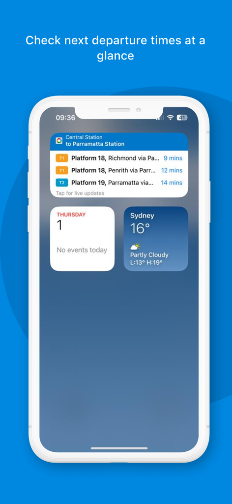 Opal Travel iOS widget displaying real-time train departure times from Central Station to Parramatta