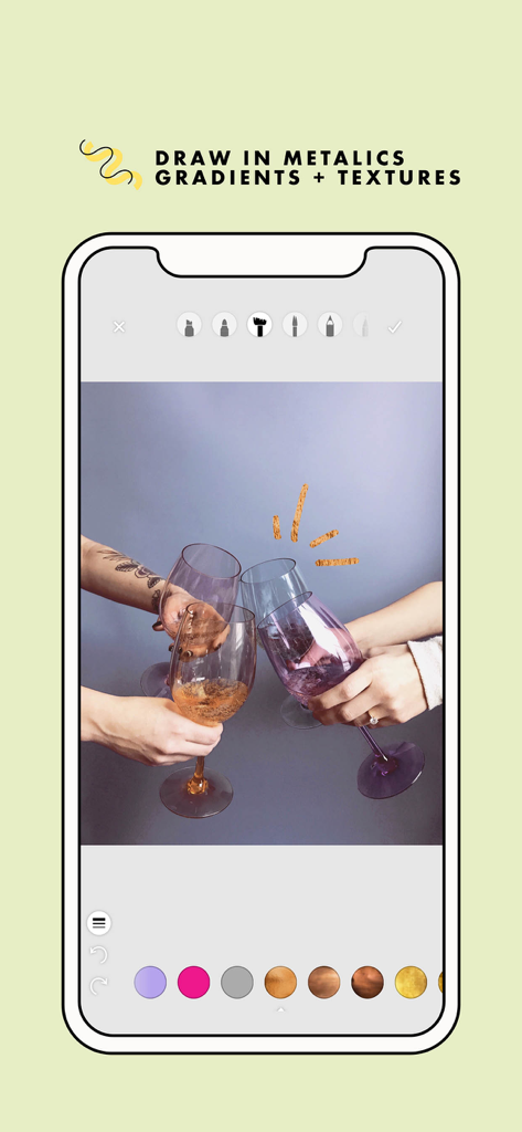 A Design Kit: Collage Maker - A Design Kit app interface showing metallic brush effects applied to a photo of people holding wine glasses