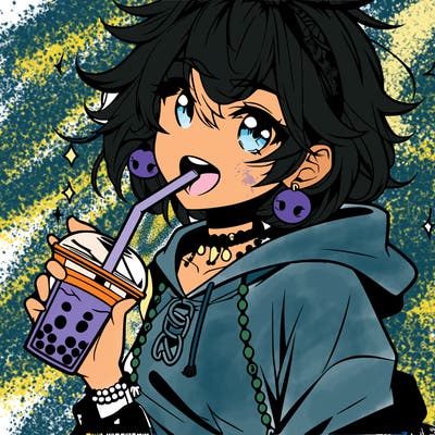 hot baddie anime girl drinking boba and biting the straw