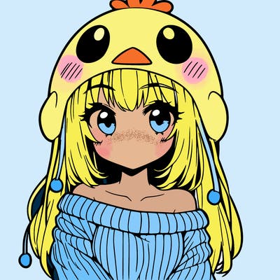 anime girl with chick shaped hat with sweater with bare shoulders with bangs covering them one eye with low tail