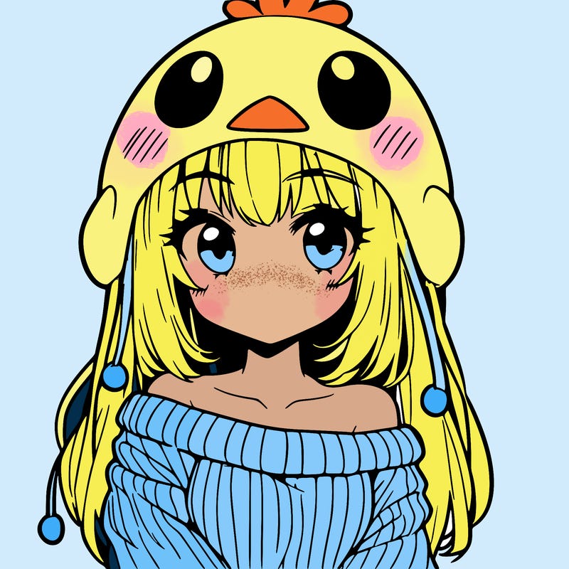 anime girl with chick shaped hat with sweater with bare shoulders with bangs covering them one eye with low tail