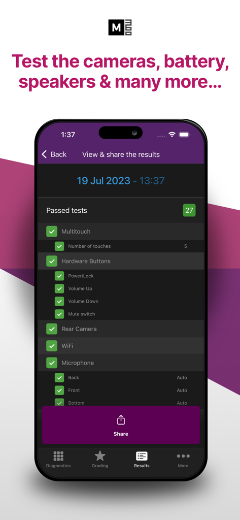 Écran de l'application M360 Diagnostics affichant une liste des tests matériels réussis et un bouton de partage