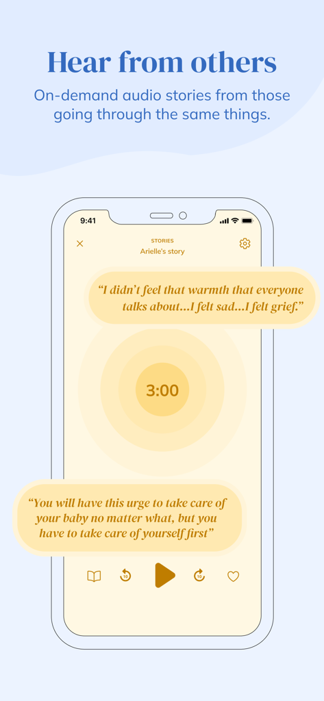 Canopie for Parents - Une interface d'application mobile montrant une histoire audio de 3 minutes sur les expériences parentales avec des superpositions de texte de soutien.