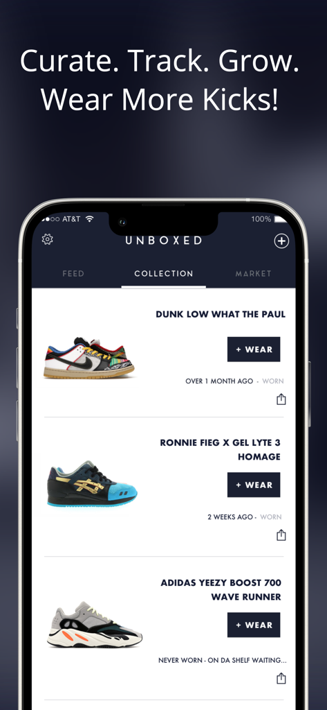 Mobile screen of Unboxed app displaying a digital sneaker collection with options to track wears for various shoe models